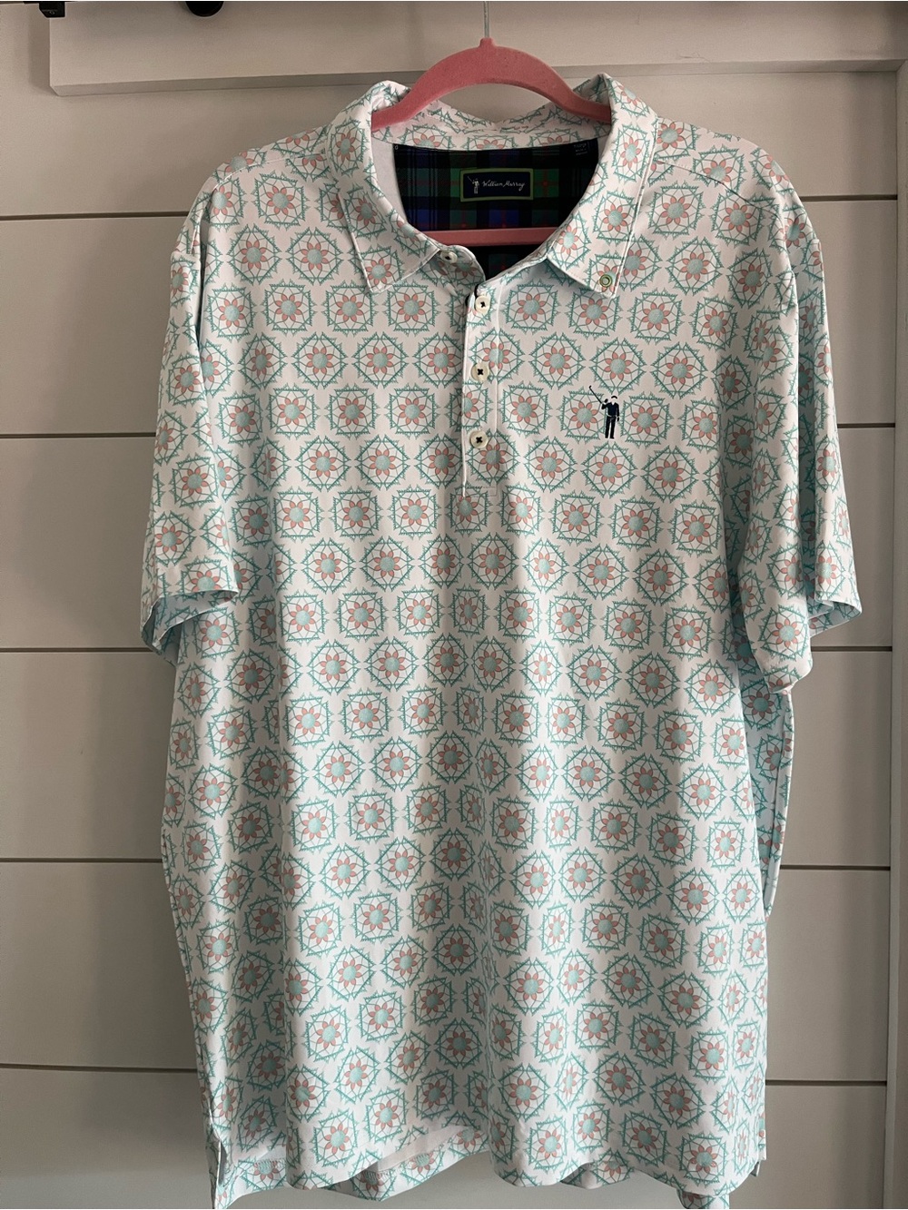 William Murray Golf Polo Classic Patterned Shirt - Light Mint/Coral New XL